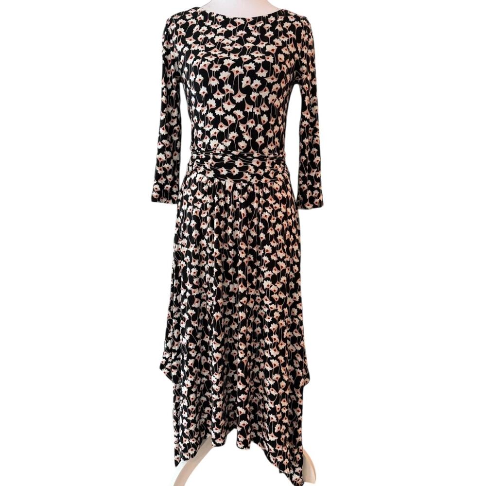 Boden Maisie Matte Jersey Midi Dress Black Floral Handkerchief Hem Ruched Size 8 - Picture 4 of 12